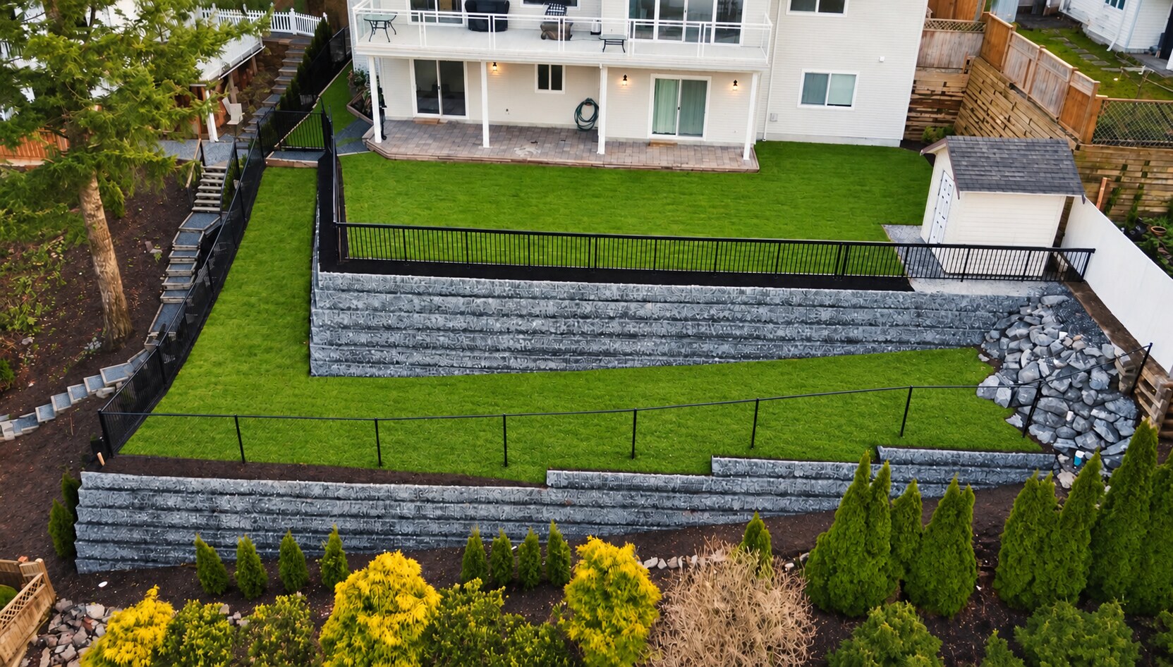 Aerial view of a large completed retaining-wall project with terraced lawns, railings, stairs, and rockwork