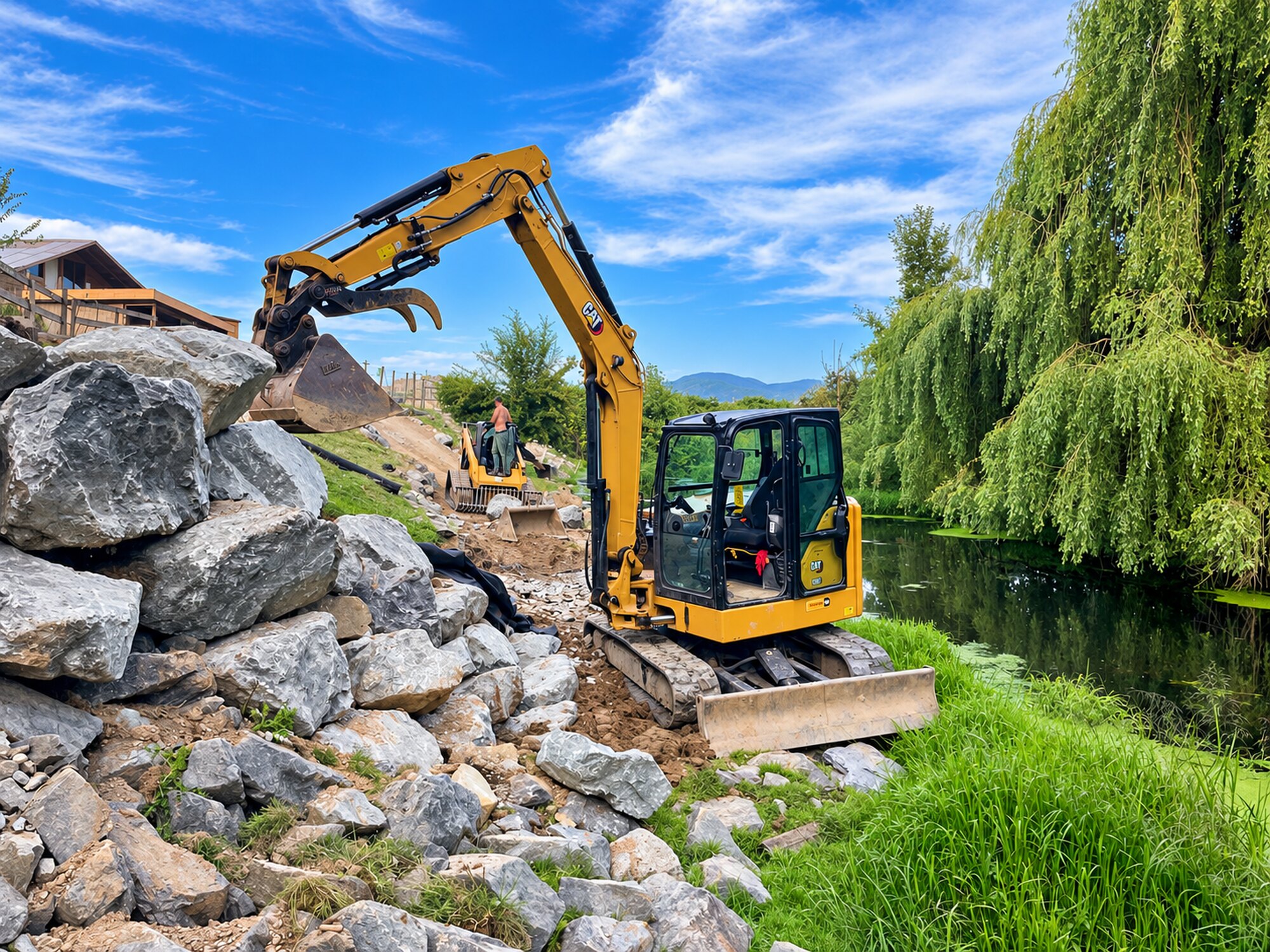Excavator working beside a pond during large-rock placement and slope construction