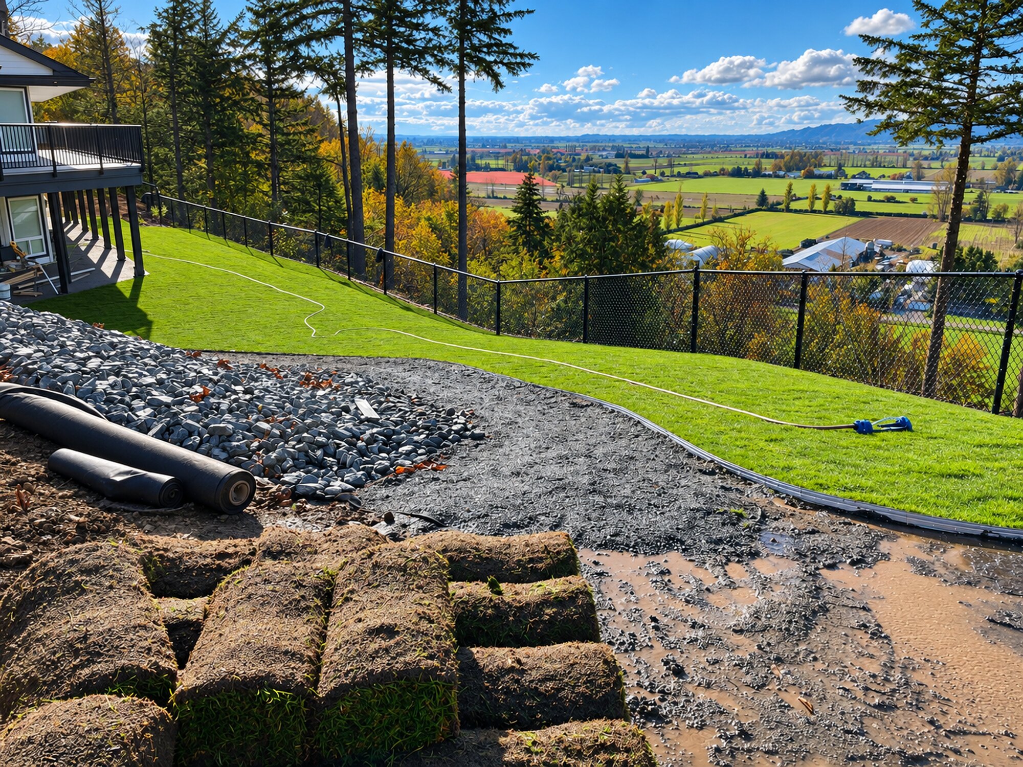 Sloped residential property during drainage, gravel-base, and lawn installation work overlooking the Fraser Valley